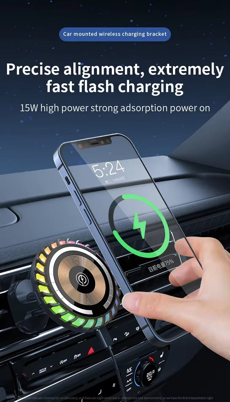 15W Magnetic Wireless Car Fast Charger， 360 Rotating Mobile Phone Charger Holder， Color LED