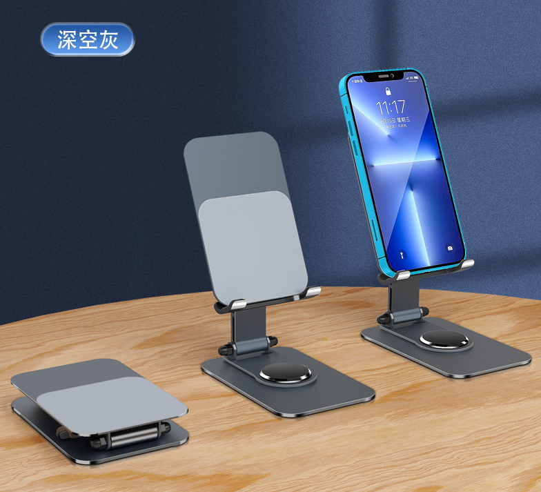 Cell Phone Stand for Desk, Aluminum Phone Holder with 360 Rotating Metal Base, Foldable & Portable Desktop Phone Holder Compatible with iPhone 16 15 14 13 Pro Samsung All 4.7-8 inch Phones