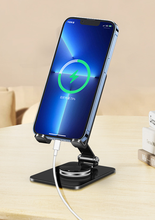 Cell Phone Stand for Desk,  Phone Holder with 360 Rotating Metal Base, Foldable & Portable Desktop Phone Holder Compatible with iPhone 16 15 14 13 Pro Samsung All 4.7-8 inch Phones